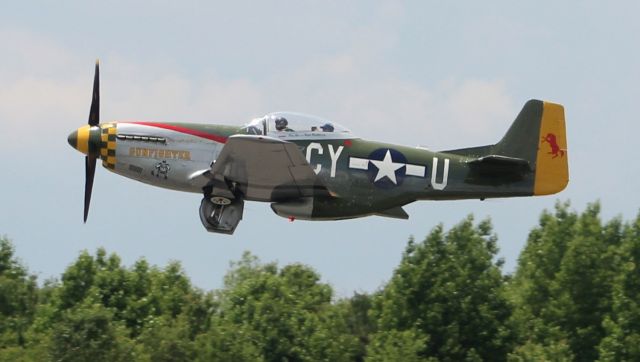 North American P-51 Mustang (N5428V) - Gunfighter departing Runway 18 at Tom Sharp Jr. Field, Huntsville Executive Airport, AL - May 25, 2018.