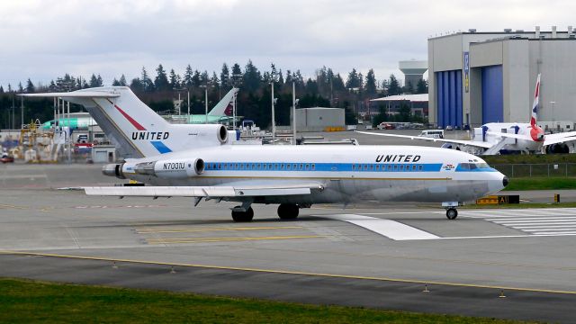 Boeing 727-100 (N7001U) - The first B727 built and now owned by Museum of Flight taxis onto Rwy 16R on 2/22/16.  The aircraft is a B727-22 (ln 1 / cn 18293).