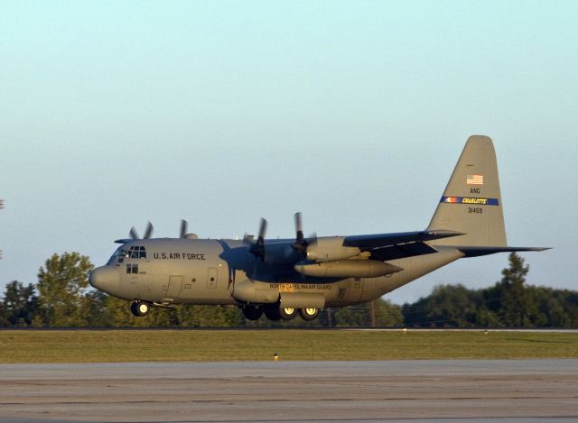 Lockheed C-130 Hercules (N31459) - A North Carolina Air Guard C-130 lands at sunset on runway 36L in Charlotte, North Carolina USA.