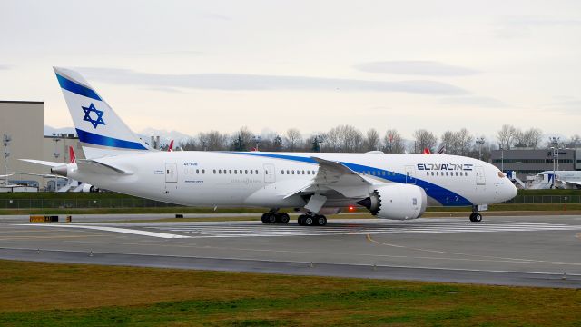 Boeing 787-8 (4X-ERB) - ELY1788 taxis from the Boeing North ramp to Rwy 16R for its delivery flight to TLV on 12.19.19. (ln 947 / cn 63397). This is the second B788 for El Al.