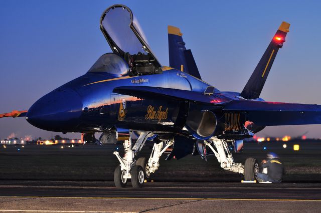 McDonnell Douglas FA-18 Hornet — - Blue Angels Boeing F/A-18 Hornet at sunrise before the 2009 Wings over Houston Airshow at Ellington Field in Houston, TX.