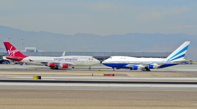 — — - Virgin Atlantic Airways Boeing 747-443 G-VROS (cn 30885/1268) English Rose - VQ-BMS (Las Vegas Sands) Boeing 747SP-21 (cn 21649/373)  VQ-BMS - "English Rose you look beautiful..."  G-VROS - "Thank you, you look very handsome with those blue stripes..."  - Las Vegas - McCarran International (LAS / KLAS) USA - Nevada, October 5, 2012 Photo: Tomás Del Coro