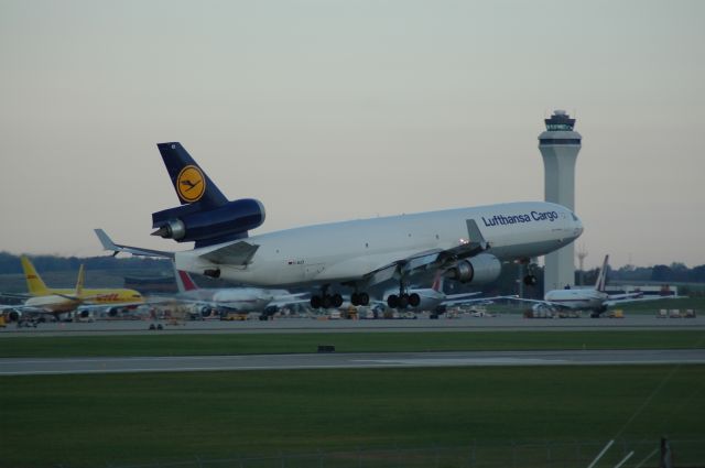 Boeing MD-11 (D-ALCI) - landing on 36R early morning,with CVG tower in the backround