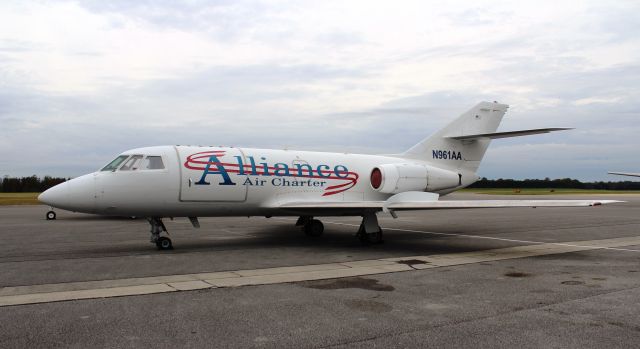 Dassault Falcon 20 (N961AA) - A 1969 model Alliance Air Charter Dassault / SUD Fan Jet Falcon Series D, on the ramp under overcast skies at Tom Sharp, Jr, Field, Huntsville Executive Airport, Meridianville, AL - November 1, 2017.