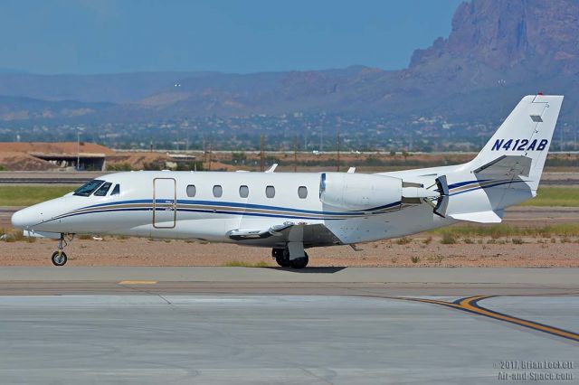 Cessna Citation Excel/XLS (N412AB) - Cessna 560XL Citation Excel N412AB at Phoenix-Mesa Gateway Airport on August 27, 2017. It was built in 2007. It is powered by apair of Pratt & Whitney of Canada PW545B engines. Its construction number is 560-5752.