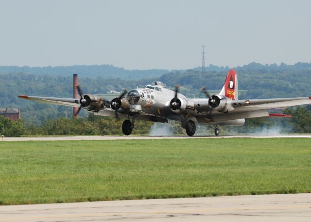 Boeing B-17 Flying Fortress (N5017N) - Touchdown on runway 23 at Latrobe, PA after giving rides