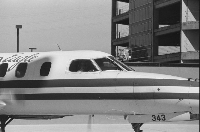Fairchild Dornier SA-227DC Metro (N343AE) - San Jose,CA early 1990s photo at San Jose,CA  N343AE arriving at the new AE Ops at the back of Terminal A. Each Metro had to make a real tight 180 to park and unload pax. This Metro has a female co pilot.