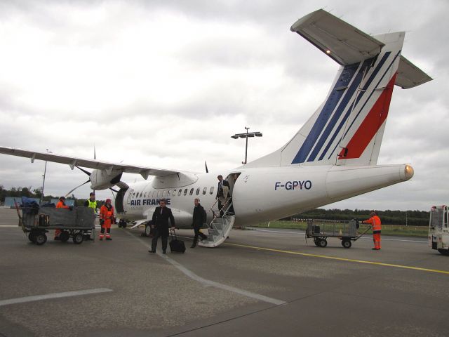 ALENIA Surveyor (ATR-42-500) (F-GPYO) - Disembarking at Köln\Bonn on a frisky morning after a short hop from Paris Charles-de Gaulle.