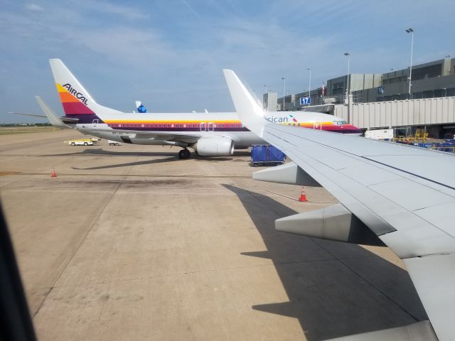 Boeing 737-800 (N917NN) - AA's "AirCal" 737-823 N917NN, seen from seat 20A aboard sister AA 737-823 N335PH. Both parked at the gates at AUS on August 2, 2018.