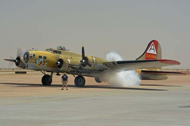 Boeing B-17 Flying Fortress (N93012) - Collings Foundation Boeing B-17G Flying Fortress N93012 Nine-O-Nine starts up its number two Wright R-1820 9-cylinder Cyclone radial engine at Phoenix-Mesa Gateway Airport on April 15, 2016.