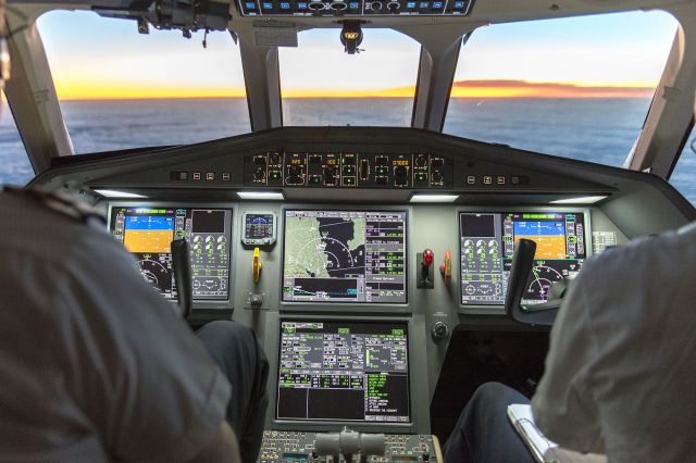 — — - Falcon 900EX inbound to Southampton Apt EGHI from Palm Beach KPBI just after sunrise - to stbd on centre screen are the Channel Islands Jersey and Guernsey and France top right.