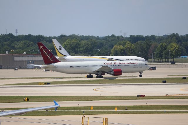 BOEING 767-300 (N351AX) - Omni Air 767-300ER on charter by US Army. In from El Paso, off to Prague, feat. N707GT "Antares"