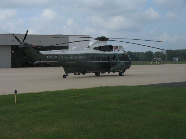 Sikorsky Sea King (MARINEONE) - The Sikorsky VH-3D Sea King, commonly known as "Marine One" when transporting the President of the United States, sits on the ramp at DuPage Airport awaiting the arrival of the President at OHare.  The Presidential Lift Fleet then departs DuPage and transports the President from OHare to his local destinations.  Taken August 1, 2011.