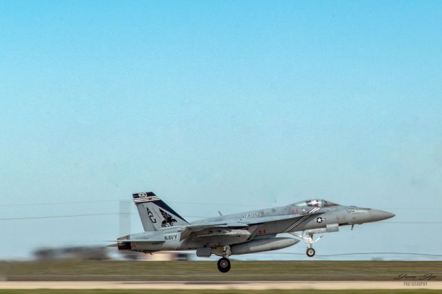 — — -  F/A-18E Super Hornet from VFA-143 "Puking Dogs". This plane is the CAG aircraft. Note the special tail paint.