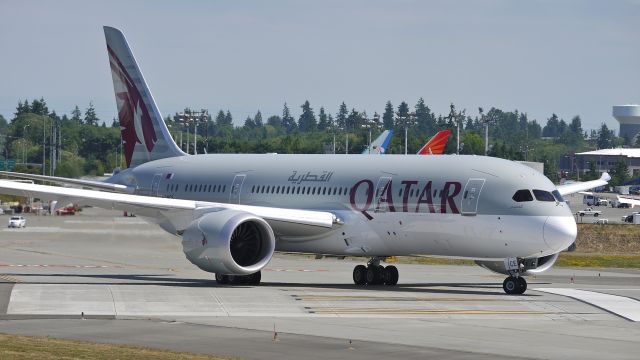 Boeing 787-8 (A7-BCE) - BOE466 taxis onto Rwy 16R for a flight test on 7.18.13. (LN:103 cn 38323).