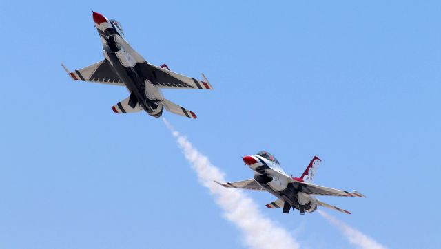 Lockheed F-16 Fighting Falcon — - Thunderbirds One and Two making a low pass and straight-up climb as they come by the Control Tower while preparing to land at Reno Tahoe International.