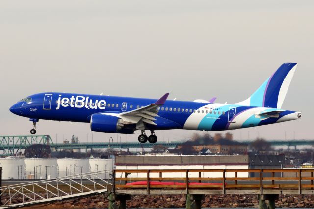 Airbus A220-300 (N3241J) - The first Jetblue A220-300 in new livery arriving to Logan on 12/1/24.