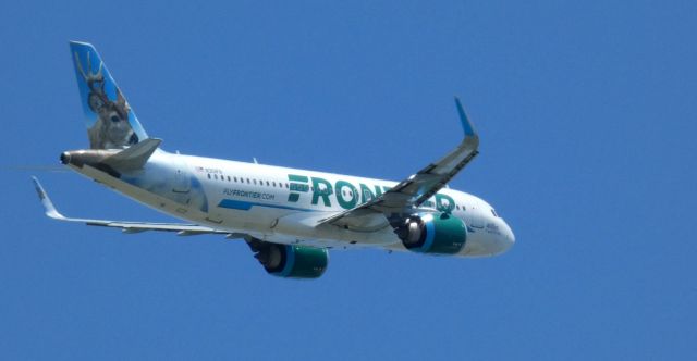 Airbus A320neo (N301FR) - Shortly after departure is this 2016 Frontier Airlines Airbus A320-251N with "Wilbur" the Whitetail looking on in the Spring of 2021.