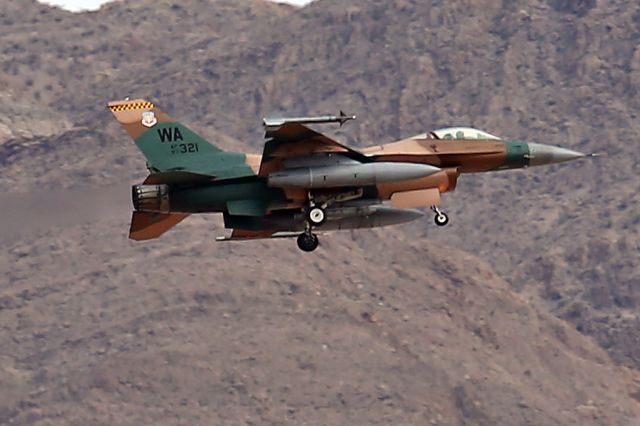 Lockheed F-16 Fighting Falcon — - Gear down for landing.  An aggressor Viper on short finals to Nellis AFB