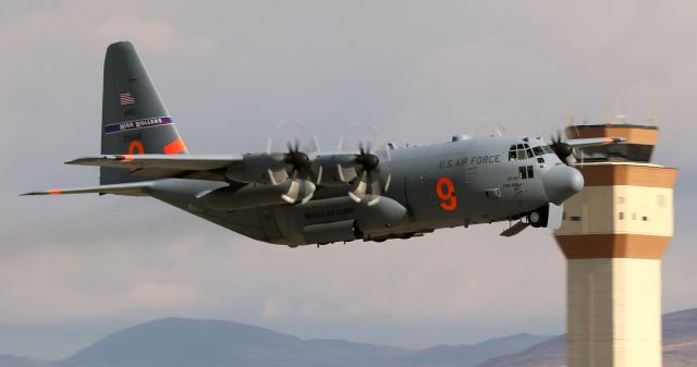 Lockheed C-130 Hercules (92-0549) - NevANG Hercules "Roller 4-9," the first Herc of a flight of two, climbs away from 17R.