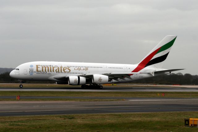 Airbus A380-800 (A6-EEE) - Touching down on rwy 05L on 01-Mar-13 operating flight EK17 from OMDB.