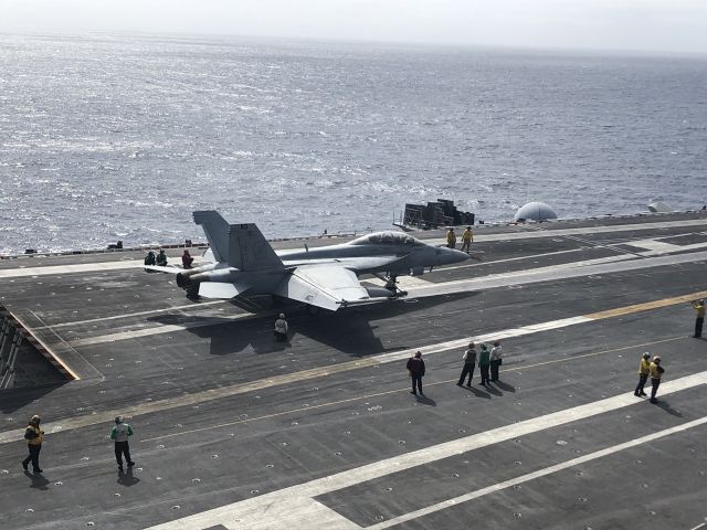 McDonnell Douglas FA-18 Hornet — - A F/A-18F of VFA-41 "Black Aces" prepares to launch from the waist of the U.S.S. John C. Stennis (CVN-74) on Saturday, April 21, 2018.