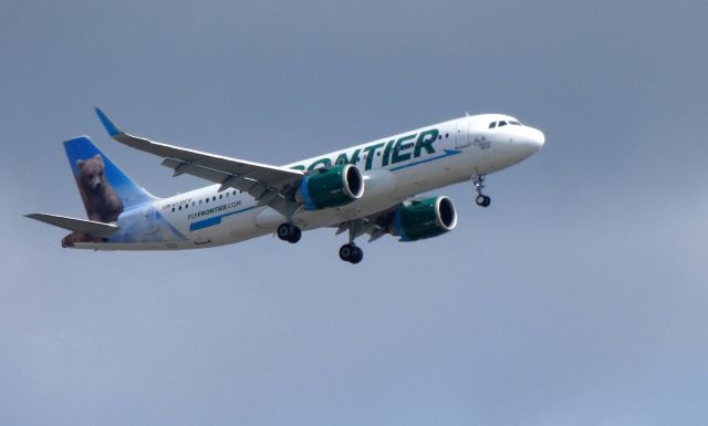 Airbus A320 (N335FR) - On final is this Frontier Airlines Airbus A320 as JoJo the Grizzly Bear looks on in the Summer of 2018.