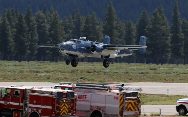 North American TB-25 Mitchell (N5865V) - N5865V, "Semper Fi," a B-25J-30 (SN 44-30988), taking off to perform in an aerial demo.br /  * There was no emergency situation in progress.  The emergency equipment was positioned adjacent to the runway as is routine during any airborne flying performances at air shows. *