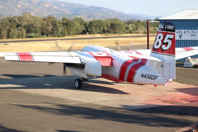 N438DF — - Cal fire Tanker 85, Flown By Pilot Jerome Laval, Getting ready to Taxi To the Runway And Depart Ukiah Enroute Back to Sonoma Air attack Base After working the Hopkins fire in Calpella that day