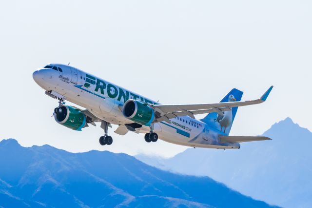 Airbus A320neo (N350FR) - A Frontier Airlines A320 neo "Miracle the Seagull" taking off from PHX on 2/16/23. Taken with a Canon R7 and Tamron 70-200 G2 lens.