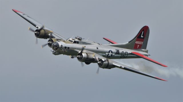 Boeing B-17 Flying Fortress (N3193G) - Yankee Air Museums B-17G "Yankee Lady" (serial number 44-85829) doing an "injured" photo pass at Thunder Over Michigan 2018. She is wearing the markings of the 381st Bomb Group, 534th Bomb Squadron, based at RAF Ridgewell. My father, Richard Fisher, was a bomb loader in this unit from late 1943 to May 1945. This aircraft did not fly combat missions during World War II, as it was delivered to the USAAF on July 16, 1945 - too late for combat.