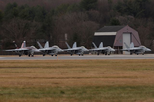 McDonnell Douglas FA-18 Hornet (16-6817) - 'RIPPER 11' flight X 5 from Carrier Air Wing One (CVW-1) lined up on runway 29 and about to depart to Gillette Stadium for the U.S. Navy flyover at the Army/Navy football game (12/9)