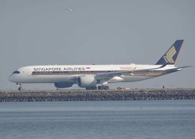 Airbus A350-900 (9V-SMF) - 10,000th Airbus aircraft Singapore Airlines A350-900 about to takeoff from SFO - viewed from public parking lot south of the airport