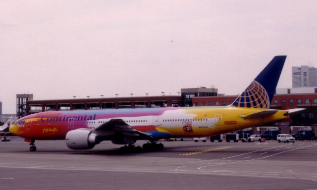 Boeing 777-200 (N77014) - From June 2000 - plane arrived in BOS to pick up stranded passengers which were on a previous B772 that diverted from EWR due to mechanical issues. 