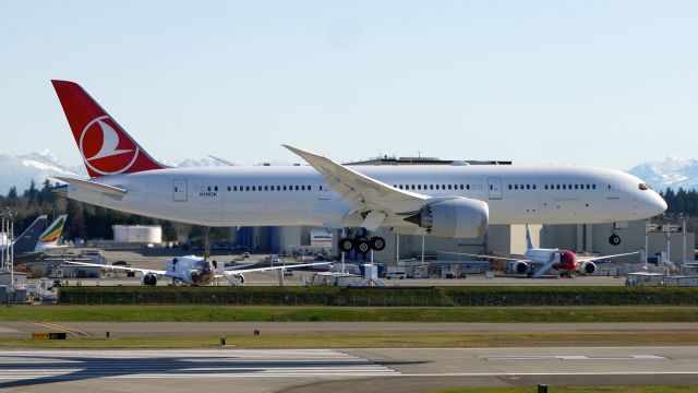 Boeing 787-9 Dreamliner (TC-LLK) - BOE230 on short final to Rwy 16R to complete a B1 flight on 2.18.20. (ln 979 / cn 65811). The aircraft is using temporary reg #N1002K.