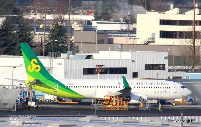 Boeing 737-800 (JA03GR) - New at BFI - Spring Japan Airlines 737-86N(WL) on the flightline at Seattle. This will be the 3rd 738 for Spring Japan. Photo date March 11th, 2014.