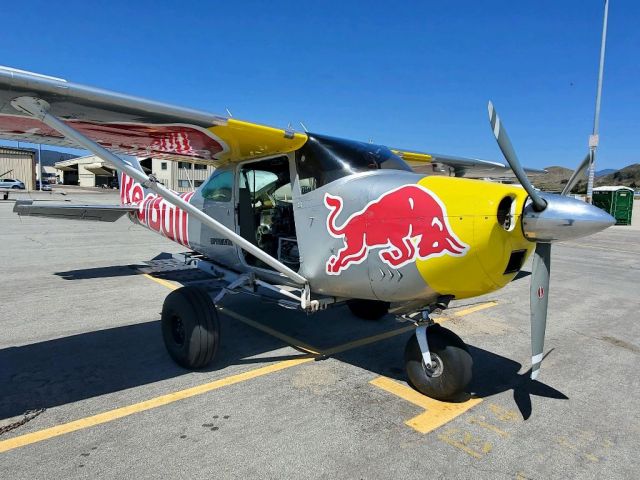 Cessna Skylane (N3185Q) - Silver "Red Bull Plane Swap" aircraft parked in San Luis Obispo.