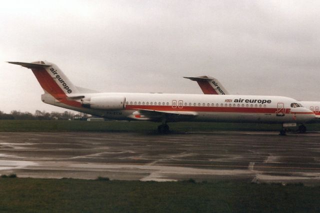 Fokker 100 (PH-ZCM) - In storage here in Mar-91 after the demise of Air Europe.br /br /Reregistered G-UKFH 29-Sep-93 then PH-OFH for KLM Cityhopper.br /Registration cancelled 27-Apr-11. Broken up at EHWO.