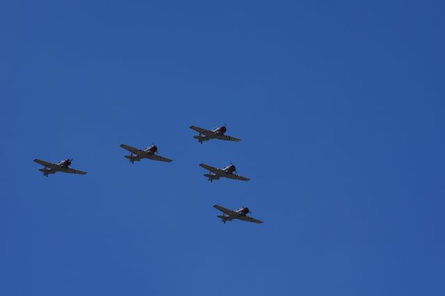 North American T-6 Texan — - The SNJ-2 Geico Skytypers fly in formation in a cloudless sky at Sun n Fun 2017 8APR17