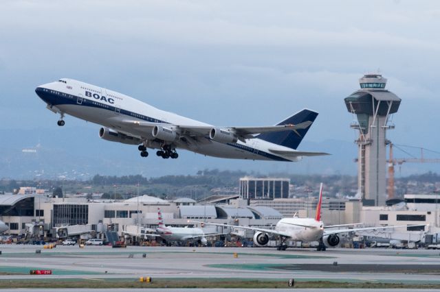 Boeing 747-400 (BAW282) - Retro BOAC 747-400 leaving LAX enroute to LHR