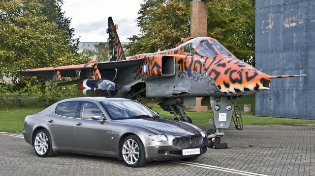 SEPECAT Shamsher (XX119) - Royal Air Force SEPECAT Jaguar GR3A XX119 affectionally known as Spotty, of 238 Squadron - No 1 School of Technical Training along side a Maserati Quattroporte limousine taken at RAF Cosford during a TimeLine Events Photo Shoot - 25th October 2017