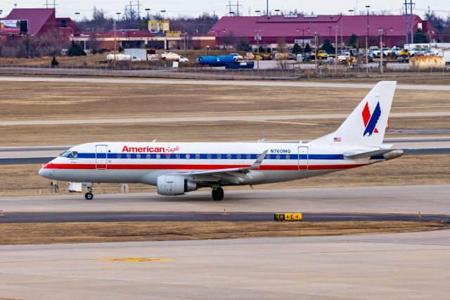 Embraer 170/175 (N760MQ) - American Eagle Embraer 170 in Pre-merger retro livery taxiing at OKC on 1/1/23. Taken with a Canon R7 and Tamron 70-200 G2 lens. I've been on a quest for over a year now to get photos of all 12 of the AA retro planes, and this was my last one! Hopefully it'll come into PHX someday so I can REALLY complete the set! 