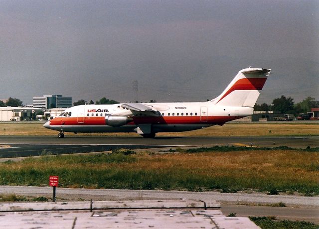 British Aerospace BAe-146-200 (N190US) - KSJC- N190US merger aircraft - ex PSA on 30 L for departure to LAX. After the PSA US Air merger we saw quite a few Hybrid paint schemes on the BAe-146 aircraft - up until the fools in Mgmt pulled US Air out of San Jose, after taking PSA from us....br /br /br /br /Serial number 2072 LN:72br /Type Bae 146-200br /First flight date 28/03/1987br /Test registration G-5-072