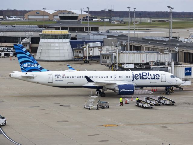 Airbus A220-300 (N3062J) - Here's a shot of one of JetBlues’ newer Airbus220 jets at the terminal yesterday, 31 Oct 2022. This A220-371, was built in Mobile, Alabama and delivered to JetBlue from Mobile Intl – KBFM to Cecil Airport Jacksonville, Florida (KVQQ) on 4 Aug 2021. Named “Boogie Woogie Bluegle Boy”, N3062J was the second JetBlue A220 arrival in CLE with many more to be seen. 