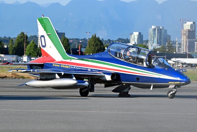 AERMACCHI MB-339 (PONY0) - The Italian Air Force demo team Freece Tricolori flew a fly pass over Vancouver Harbour then landed at YVR. Pony 0 is the team commander.