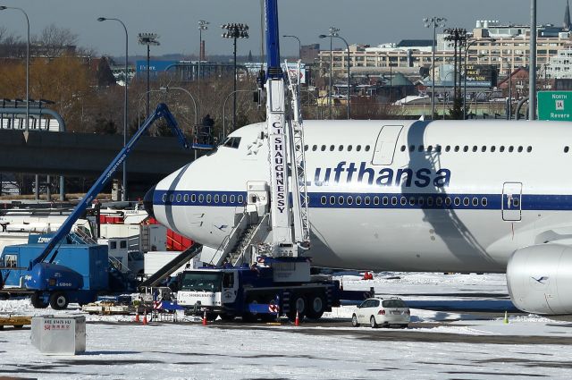 BOEING 747-8 (D-ABYT) - Lufthansa retro ,diverted here on 1/22, having its cracked windshield replaced. Its windshield cracked during take-off from Dulles to Frankfurt