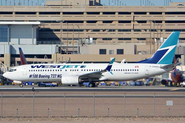 Boeing 737-800 (C-GAWS) -  WestJet Boeing 737-8CT C-GAWS at Phoenix Sky Harbor on January 17, 2016. It first flew on November 21, 2012. It is the 100th 737NG. Its construction number is 38880. It was delivered to Westjet on December 6, 2012. 