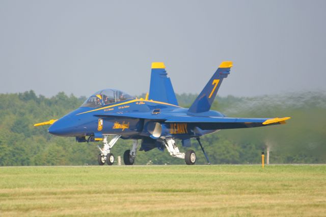 McDonnell Douglas FA-18 Hornet (16-3468) - US Navy Blue Angel #7 163468, cn 0691, throttling up for the engagement of the newly installed Semi-Permeant Barrier Arresting Kit (BAK)-12 Aircraft Arresting System to ensure its readiness at KYNG on 1 Sep 2010 before heading to Burke Lakefront Airport, Cleveland- (KBKL) USA – Ohio, for the 2010 Cleveland National Air Show. This was the first certification of the BAK-12, which has been used every air show since then, excluding 2013, when the air show was canceled due to federal budget cuts and lack of military aircraft participation.