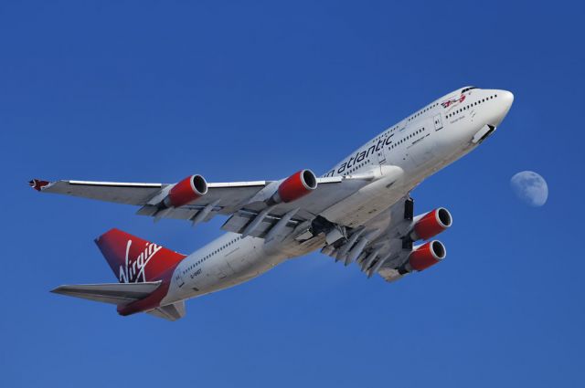 Boeing 747-400 (G-VHOT) - As the waxing gibbous moon rises, "Tubular Belle", a Virgin Atlantic Airways operated Boeing 747-400 series jumbo takes to the skies after liftoff from the Los Angeles International Airport, LAX, Westchester, Los Angeles, California