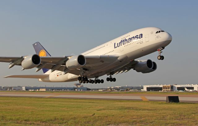 Airbus A380-800 (D-AIMB) - Airbus A380-800 - D-AIMB, Lufthansa Airlines Flight 441, First A380 Pax flight into IAH, Takes off for Houston to Frankfurt leg